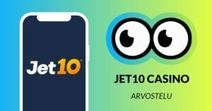 Jet10 Casinon logo älypuhelimen näytöllä, jota Slotsoon pyöreät silmät katselevat. Kuvassa teksti Jet10 Casino arvostelu