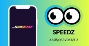 Speedz kasinoarvostelun kuvassa Slotsoon isot pyöreät silmät katsovat vasemmalle älypuhelimen suuntaan. Puhelimen ruudulla on Speedz Casinon logo.