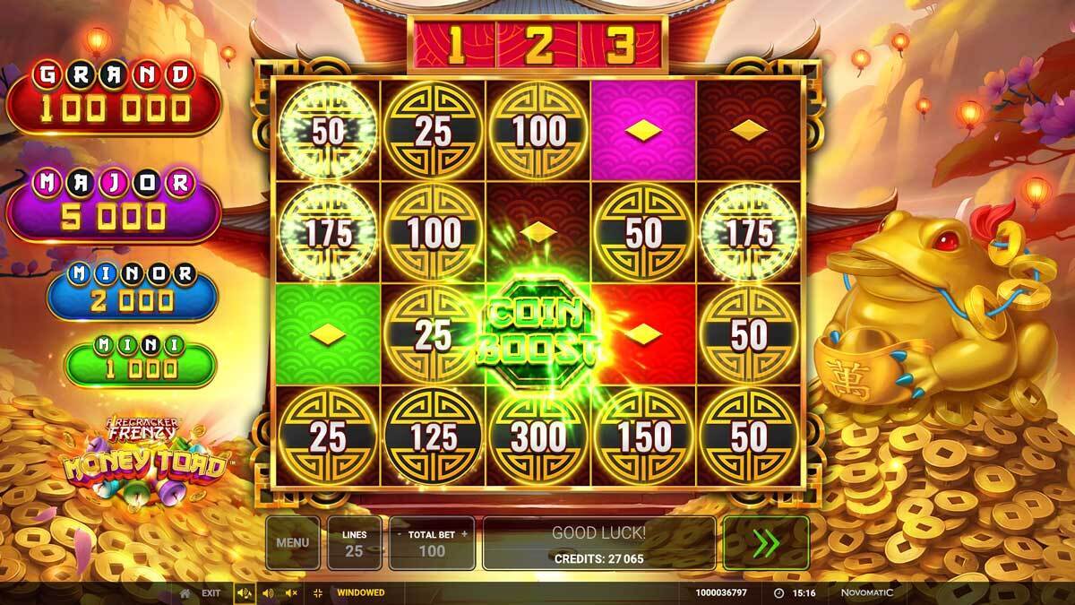 The bonus feature in Firecracker Frenzy Money Toad is based on the lock and win coin collect mechanic.