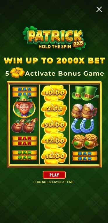 The start screen in 3x5 Patrick: Hold The Spin shows that you can win up to 2000x your bet.