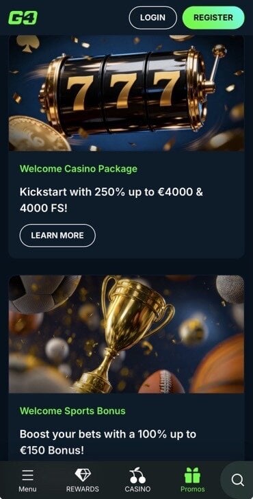 Screenshot from Go4Casino's welcome Bonus packages