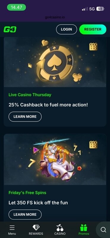 Go4Casino offers also weekly promotions