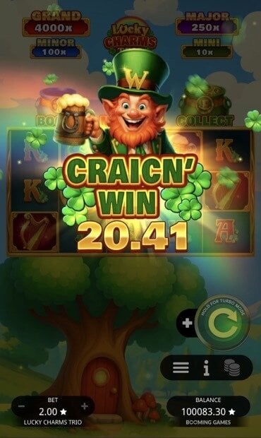 Screenshot from Lucky Charm Trio slot with a Craicin' Win and a happy lephrecaun.
