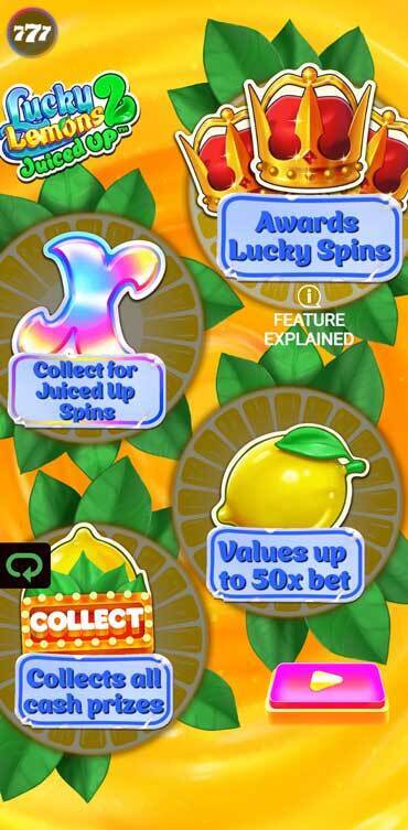The start screen highlights the different features that Lucky Lemons 2 offers