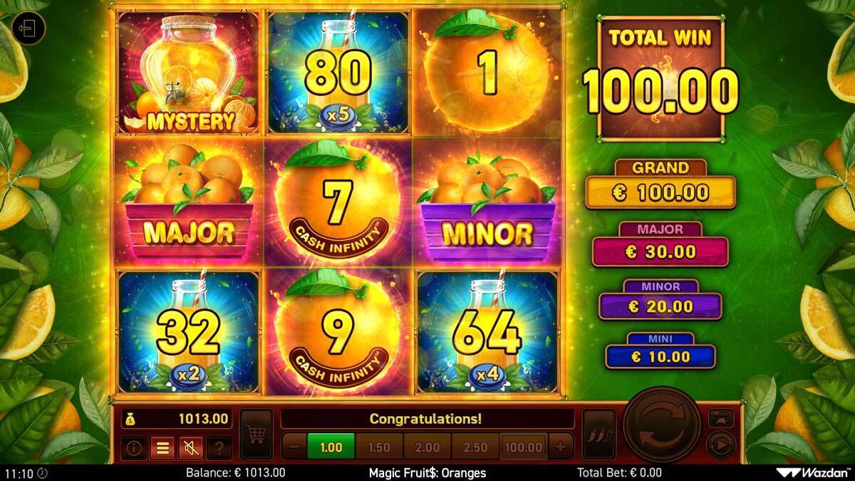 Magic Fruit$ Oranges spelplan består av 9 rutor. Spelet har en grön bakgrund och apelsinsymboler samt jackpotssystem.