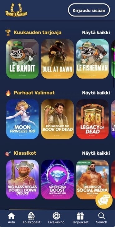 Kuvakaappaus OnnelaKasinon livekasinoaulasta.