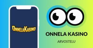 Onnela Kasino arvostelu kuvassa on Slotsoon suuret pyöreät silmät jotka vilkuilevat älypuhelimen näytöllä olevaa OnnelaKasinon logoa.