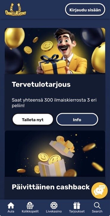 Kuvakaappaus OnnelaKasinon tarjouksista kuten tervetulobonus ja cashback