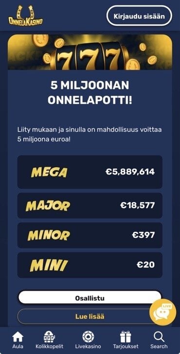 Onnela Kasinon Onnelapotti on kasinon oma progressiivisten jättipottien kokoelma, jossa on potit Mega, Major, Minor ja Mini.