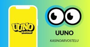Uuno kasinoarvostelun kuvassa Slotsoon isot pyöreät silmät katsovat kohti puhelimen näyttöä, jossa on keltaisella taustalla Uuno Kasinon logo.