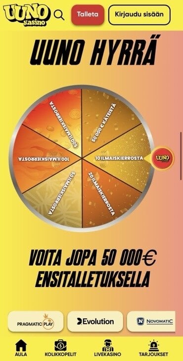 Uuno Hyrrä on Uuno kasinon oma onnenpyörä. Siinä kaikki palkinnot ovat kierrätysvapaita.