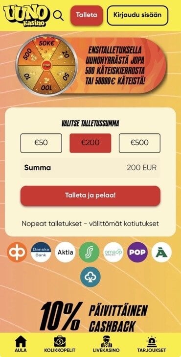 Uuno kasinon talletus toimii verkkopankkitunnuksilla ilman rekisteröitymistä