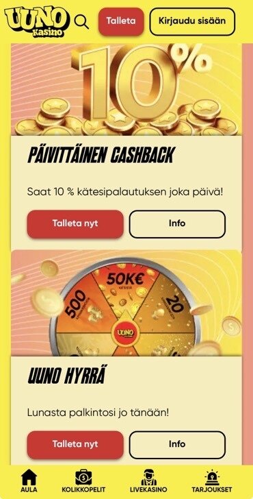 Kuva Uuno kasinon tarjouksista, kuten Uuno Hyrrä ja cashback
