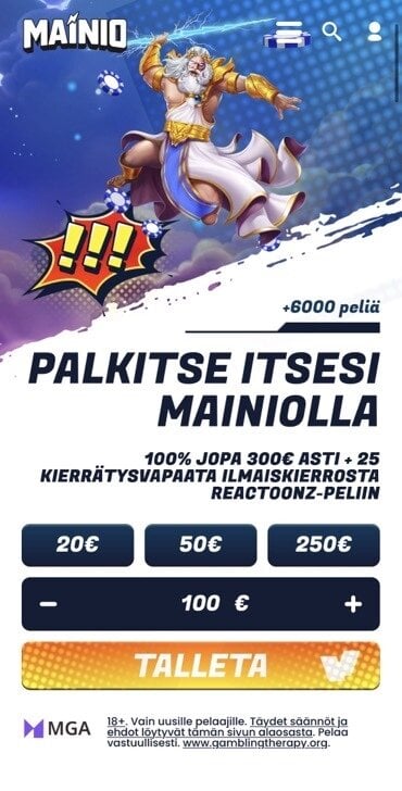 Kuvakaappaus Mainio-kasinon mobiiliversiosta