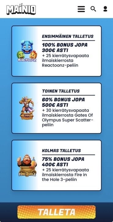 Kuvassa Mainio Casinon tervetulobonus