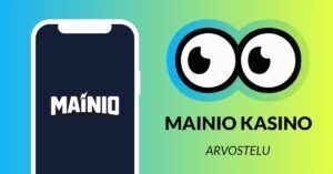 Mainio-kasino Slotsoon arvostelussa. Kuvassa Slotsoon suuret pyöreät silmän ja jotka katsovatpuhelimen ruudulla näkyvää Mainio Kasinon logoa