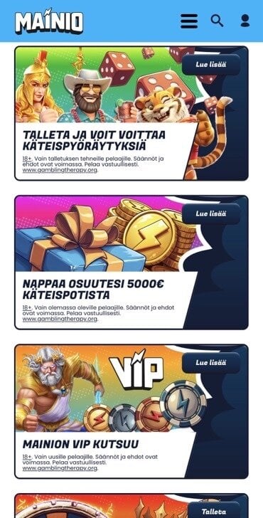 Kuvakaappaus Mainio-kasinon kampanjoista, kuvassa kasinon jättipotit, VIP-ohjelma ja käteispyöräytykset.