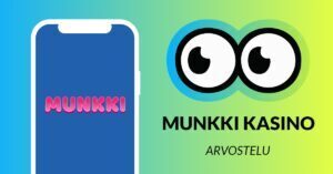 Munkki Kasinon arvostelukuvassa on Munkki Kasinon logo puhelimen näytöllä ja Slotsoon isot silmät katsovat näytön suuntaan, alla teksti Munkki Kasino arvostelu