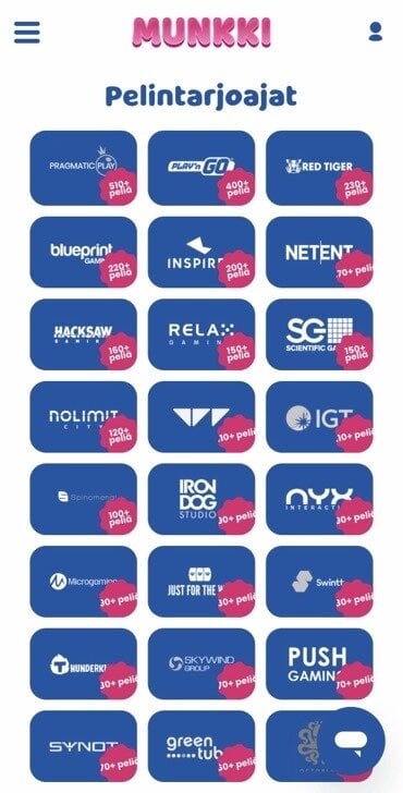 Munkki Kasinon pelintarjoajat logoineen