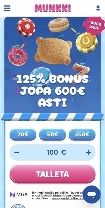 Munkki Kasinon tervetulobonus ja pikatalletus näkyvät tässä kuvassa