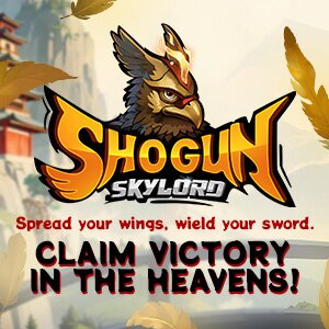 Shogun Skylord game logo and text 'Spread your Wings, Wield Your Sword. Claim Victory in the Heavens!'
