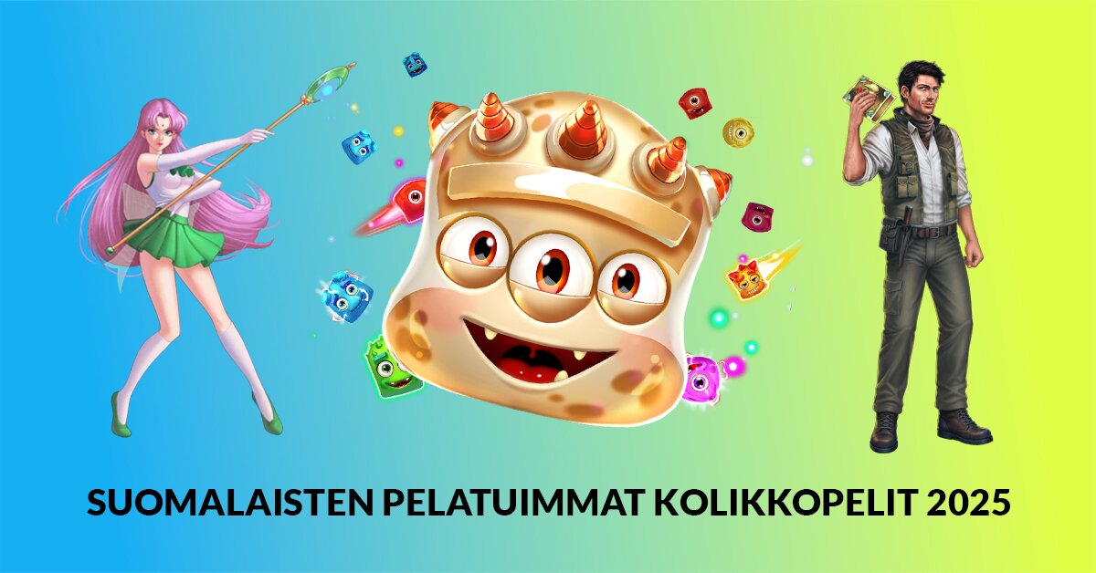 Suomen pelatuimmat kolikkopelit 2025, kuvassa hahmot top3 peleistä Book of Dead, Reactoonz ja Moon Princess 100