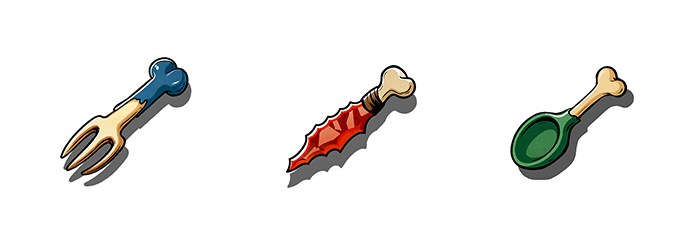 Vegan Nightmare slot by Just Slots, image has a bone fork, bone spoon and bone knife