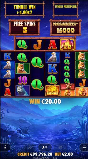 The Buffalo King Megaways’ Free Spins mode, showing the prairie at night and a new counter for the Bonus spins.