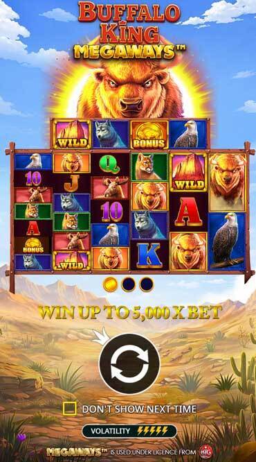 The intro screen for Buffalo King Megaways by Pragmatic Play, with handy tips that tell players its max win and how other features work.
