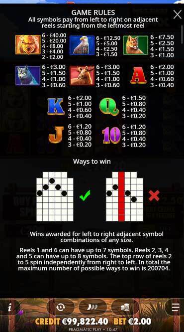 The full Buffalo King Megaways paytable showing players all of its symbols and how its ways to win mechanics work.