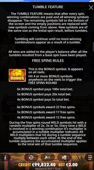 Further information on the Buffalo King Megaways paytable, including how tumbles, Bonus symbols, and Free Spins work.