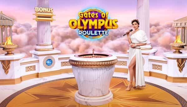 The female game presenters in Gate of Olympus Roulette is dressed in elegant white gown with gold details. This operfectly matches the background of the game that has marble pillars and gold floor.