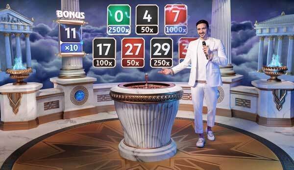 The male game host is dressed in a white suit. In the screenshot he is presenting the bonus and lucky numbers for the game round