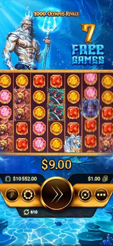 Poseidon's free spins bonus game in Amigo Gaming's slot 1000 Olympus Rivals