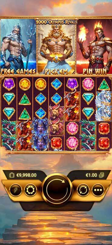1000 Olympus Rivals mobile screenshot showing the base game. The 5x7 grid is filled with colorful gems and Greek mythological creatures. Above the grid are the the gods Poseidon Zeus and Hades