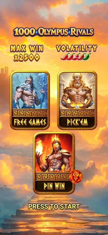 The start screen in 1000 Olympus Rivals shows the three different bonus games, plus max win and volatility level