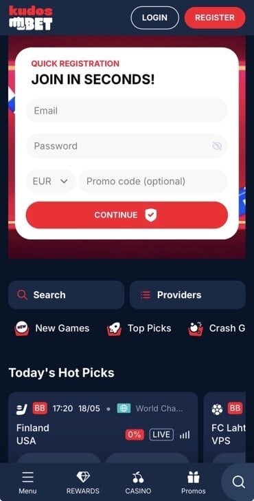 KudosBet Casino requires a traditional registering