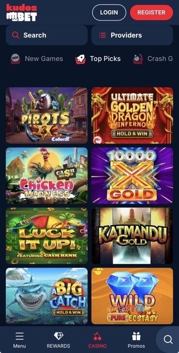 KudosBet popular slots such as Pirots3 and Chicken Madness