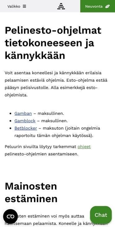 Pelinesto-ohjelmat: Gamban maksullinen, Gamblock maksullinen, Betblocker ilmainen.