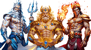 Poseidon, Zeus and Hades standing in a row. The image background is transparent.