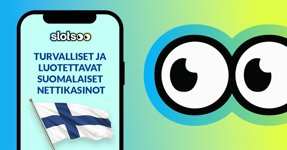 Turvalliset ja luotettavat nettikasinot Suomi, slotsoo.com silmät katsovat älypuhelimen näytölle jossa Suomen lippu