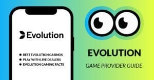 Slotsoo's Evolution game provider guide is ilustrated by a white mobile screen on a bluegreen gradient background. Inside the screen is Evolution's logo in black and the bullet points best evolution casinos, play with live dealers, evolution gaming facts.