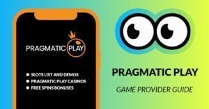 Pragmatic Play game provider guide by Slotsoo is illustrated by the Pragmatic Play logo in white and orange and three bullet points saying slots list and demos, pragmatic play casinos, and free spins bonuses.