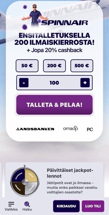 Spinnair kasino on pikakasino eli pelit saa käyntiin verkkopankkitunnuksilla