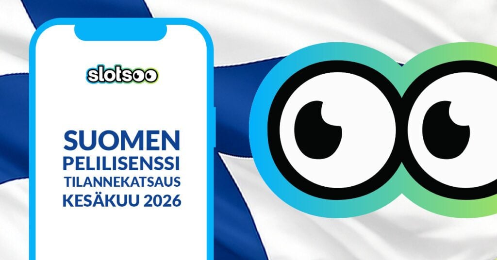 Slotsoon suuret silmät katselevat puhelimen ruutua, jossa lukee: Suomen pelilisenssi, tilannekatsaus kesäkuu 2026