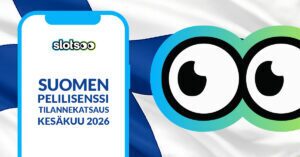 Slotsoon suuret silmät katselevat puhelimen ruutua, jossa lukee: Suomen pelilisenssi, tilannekatsaus kesäkuu 2026