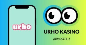 Urho Kasino arvostelu. Slotsoon suuret silmät tarkastelevat Urho kasinon logoa, joka on puhelimen näytöllä