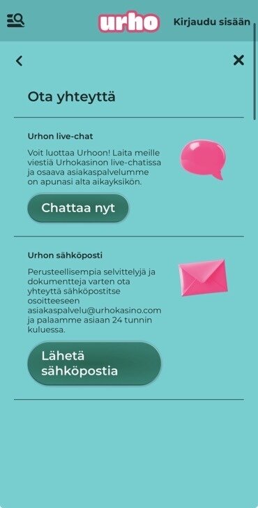 Urho kasinon asiakaspalvelun tavoittaa chatissa ja sähköpostilla asiakaspalvelu@urhokasino.com