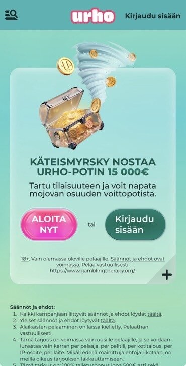 Kasinon kampanjoihin kuuluu myös Käteismyrskyksi nimetty Urho-pottikampanja