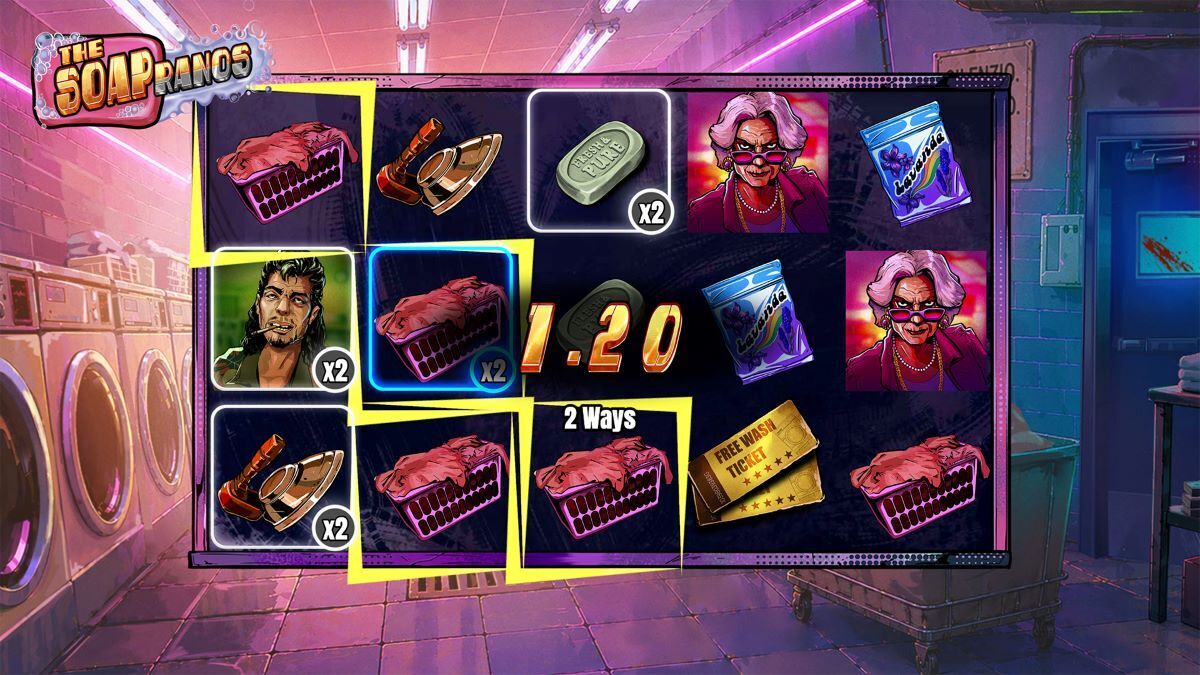 Soapranos base game has 3x5 reel layout and many symbols in the laundromat gangster theme